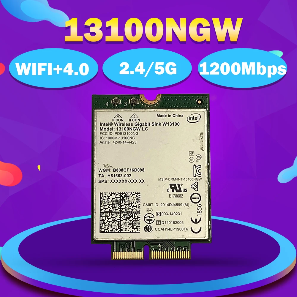 

Для беспроводной гигабитной док-станции Intel W13100 13100NGW WiGig (802.11ad), 1200 Мбит/с, модуль беспроводной док-станции NGFF M.2 4230, Wi-Fi-адаптер BT 4,0