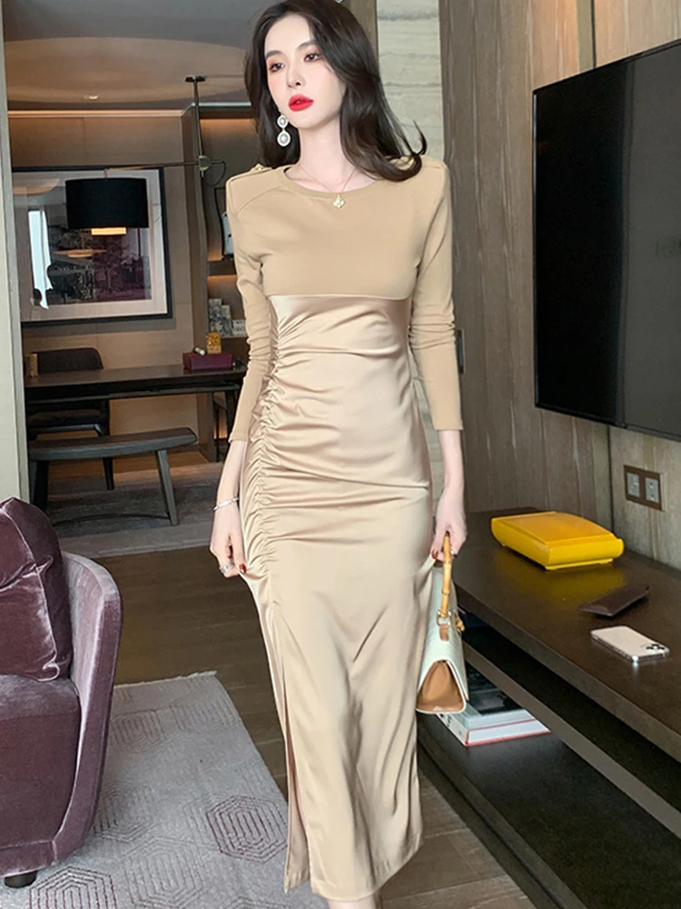 

Spring Women Midi Dress Casual Bottoming 0-neck Long Sleeve Epaulet Shoulder Pad Split Bag Hip Robe Vestido Elegantes Para Mujer