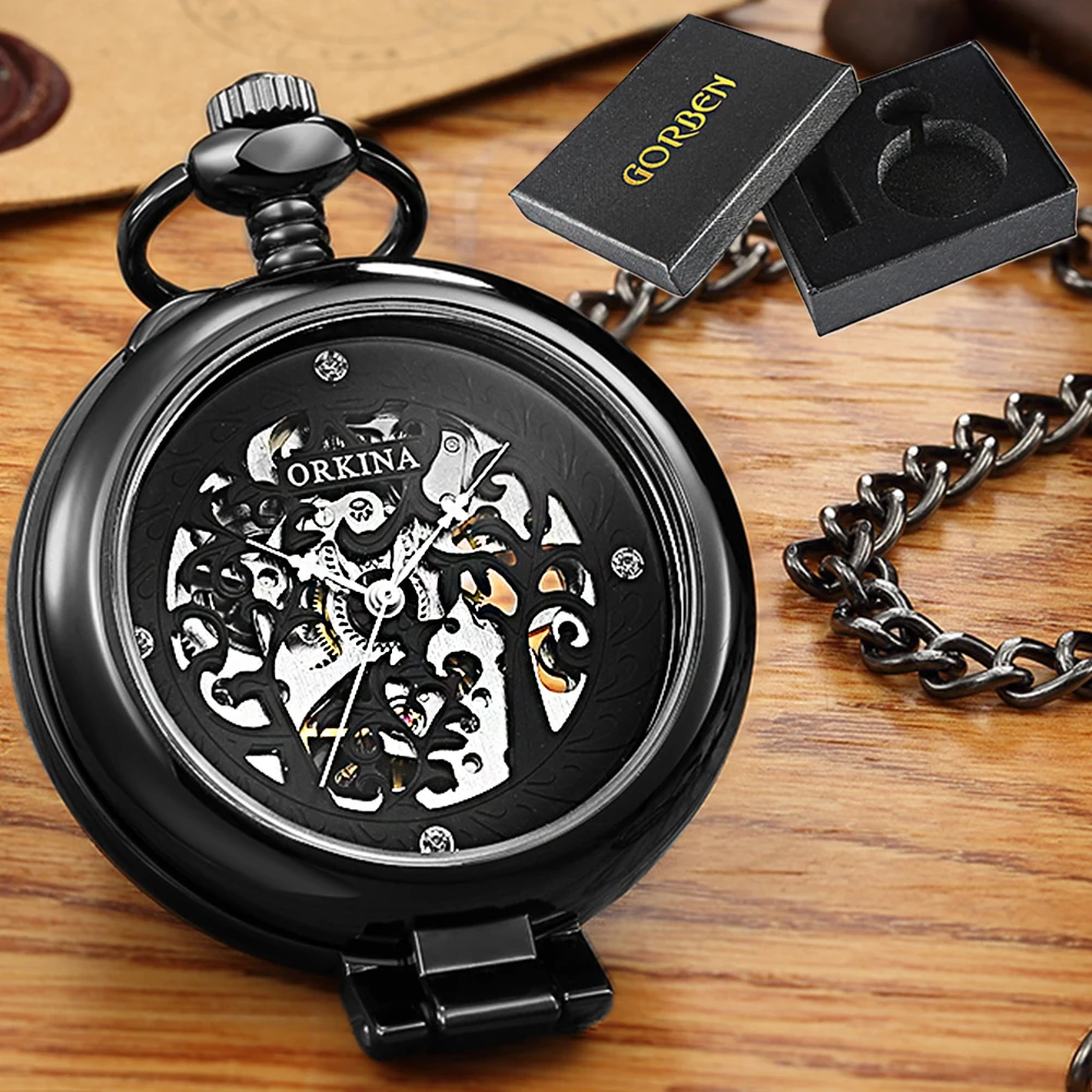 Skeleton Mechanical Pocket Watch with Chain Pendant Vintage MAN Pocket Watches Vest Necklace Watches Presents for Men Lady Clock
