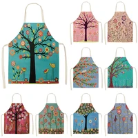 1 pcs flower tree printed cotton linen sleeveless aprons home cleaning kitchen cooking baking apron for women men