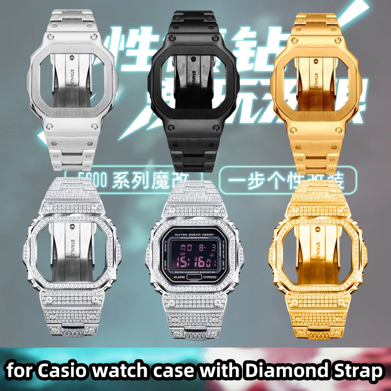 Фото Корпус из нержавеющей стали с бриллиантами + набор ремешков для Casio G-SHOCK DW-5600/DW5600/GWM5610/GWB 5600 |   Модный металлический ободок и модернизация ремешка №1