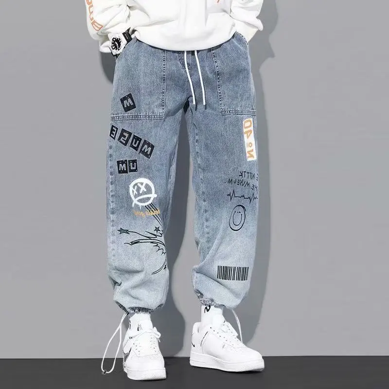 2023 Autumn New Letter Printing Jeans Men's Tide Brand Loose Cartoon Graffiti Leggings Ins Drawstring Pants  Men Jeans  Y2k