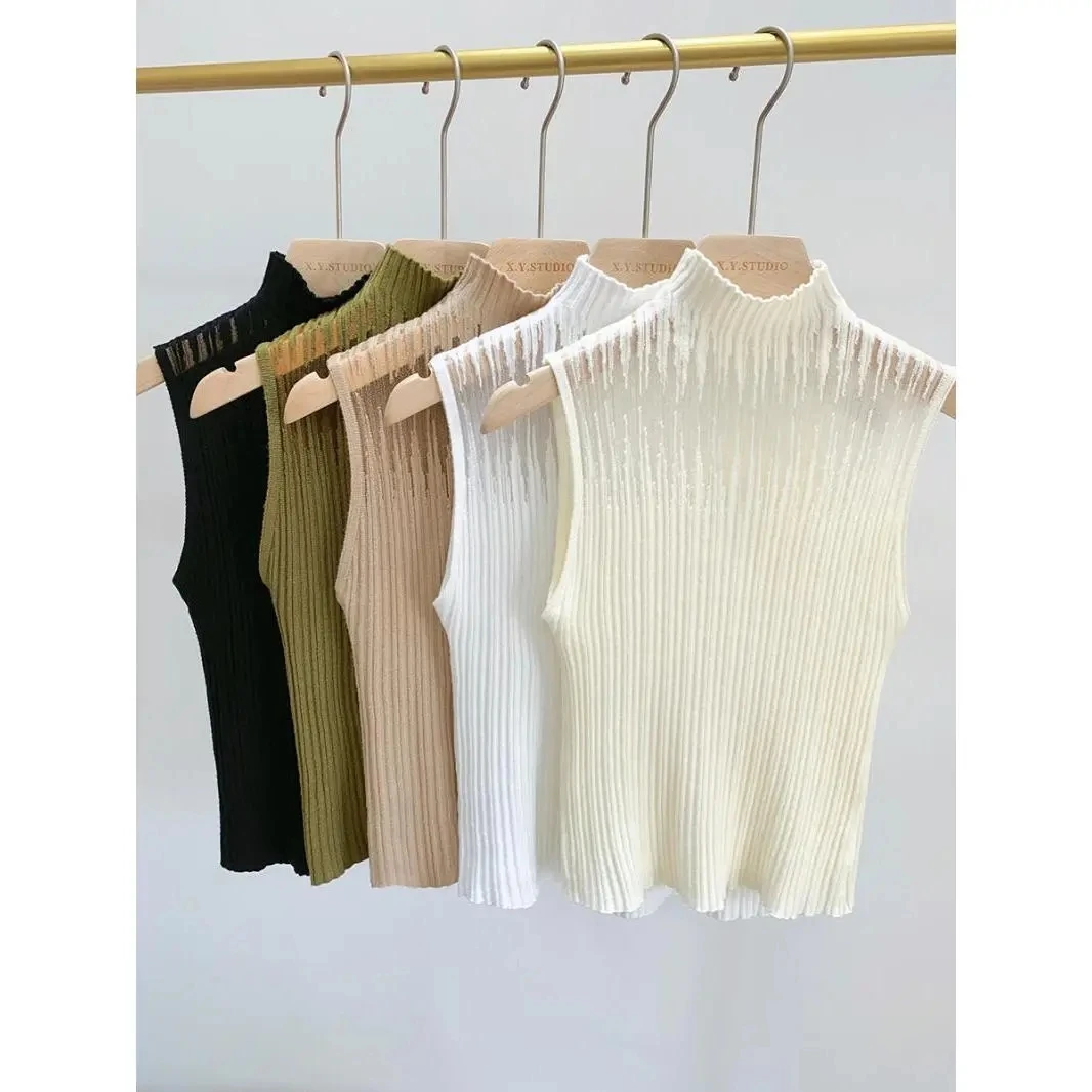 Hollow Out Gauze Tank Top Turtleneck Elegant Sleeveless Design Slim Camis Knitting Solid Chic Corset Summer Women's Tube Top