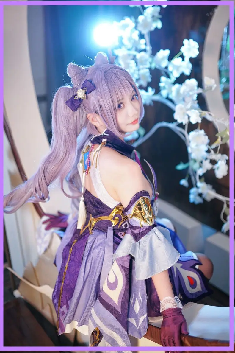 Игра Genshin Impact Keqing Косплей Костюм Парик Полный комплект Платье Комическое шоу