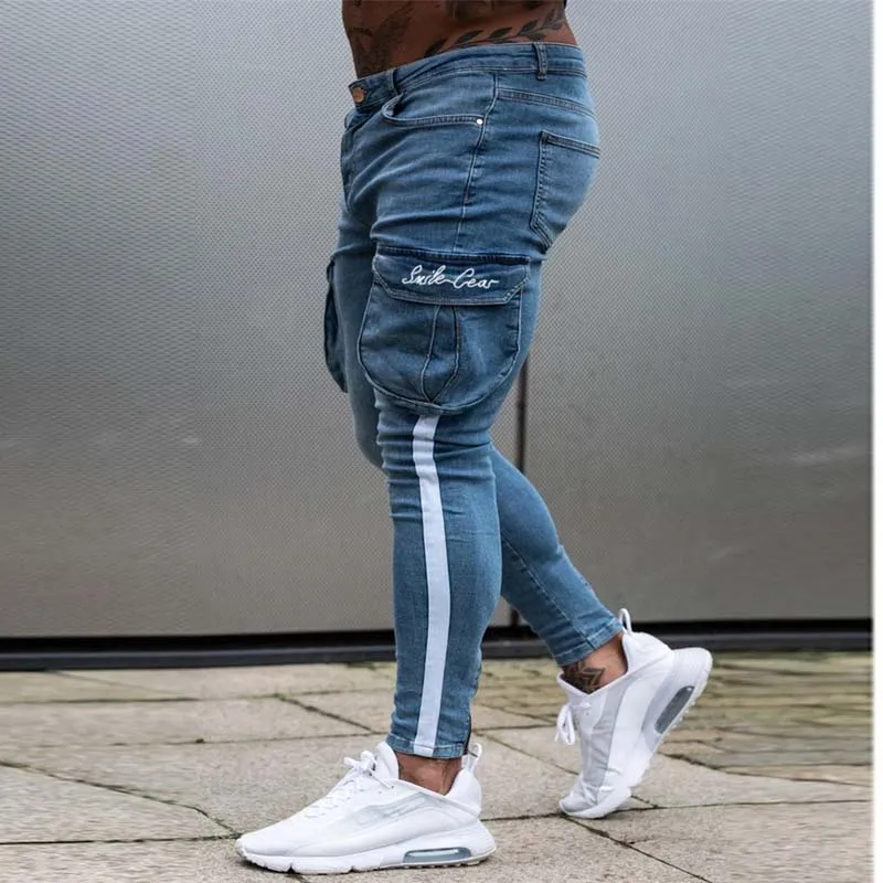 Men's Jeans Casual Pencil Pants Four Seasons Blue Multi-pocket Printed Men's Pants Street Hip-hop New Fashion Sports Jeans Men