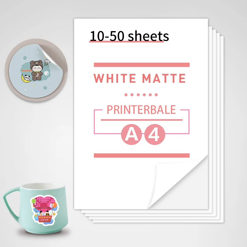 50 Sheets Matte A4 Printable Vinyl Sticker Paper DIY Pattern Sticky on Phone Laptop Cup by Inkjet Printer Paper Label Waterproof
