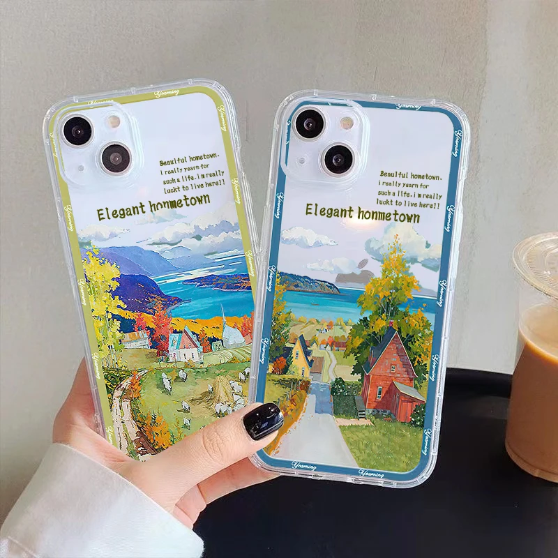 

Vintage Landscape Painting Clear Phone Case For iPhone 11 Pro Max 12 13 Pro Mini X XR XS Max 6 6S 7 8 Plus Se2 Shell Cover
