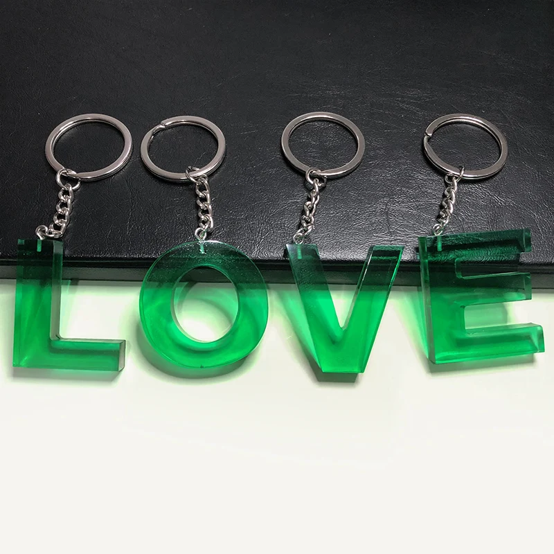 

26 A-Z Initial Letter Name Keychains Holder Green Color Transparent Resin Alphabet Keyrings Key Chains DIY Handmade Jewelry Gift