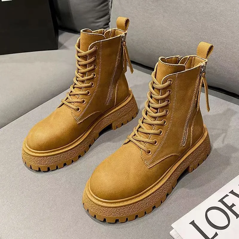 

2022 Platforms Motorcycle Boots Women Ankle Boots Fashion Side Zipper Genuine Leather Thick Heels Shoes Woman Autumn Winter
