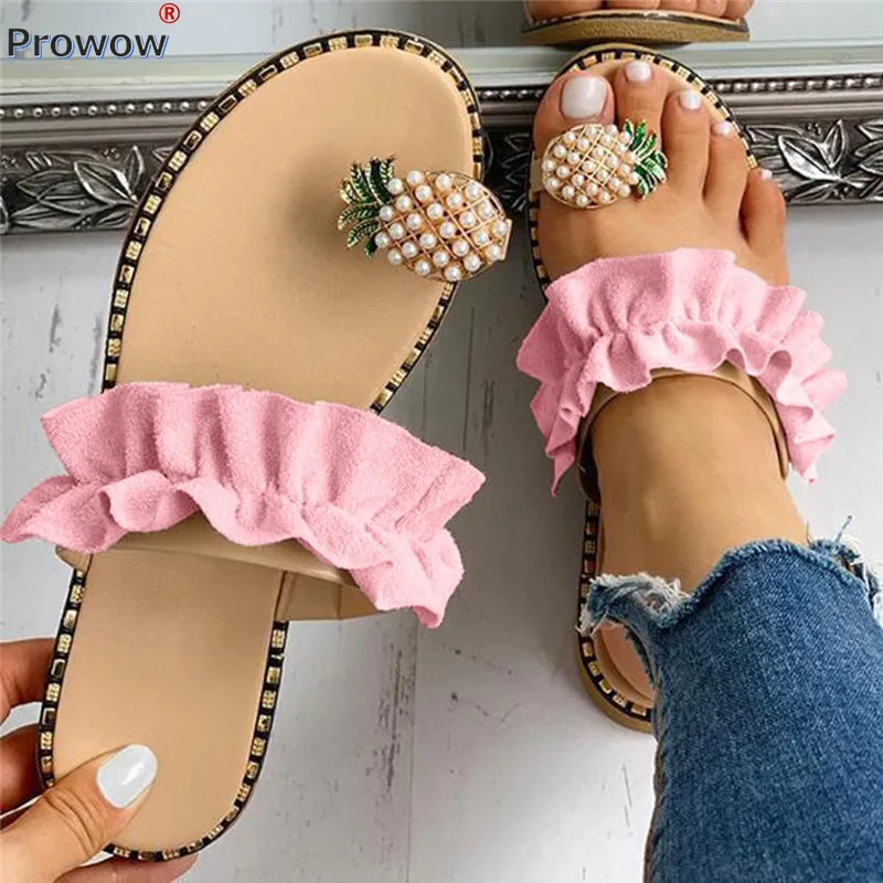 

2022 Summer New Women Slippers Cute Pineapple Pearl Lady Flat Sandal Casual Flip Flop Bohemian Beach Shoes Plus Size Slides 7606