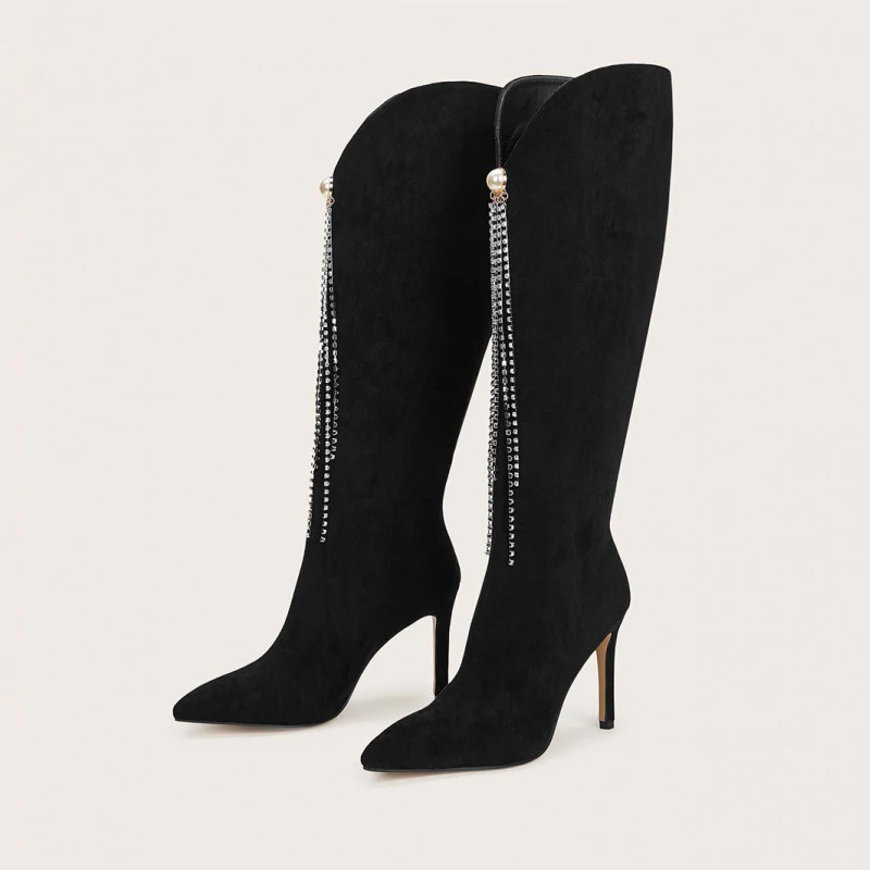 New Women Knee High Boots Female Crystal Chain Thin High Heels Long Boot Sexy Soild Fashion Ladies Pointed Toe Plus Size Shoes