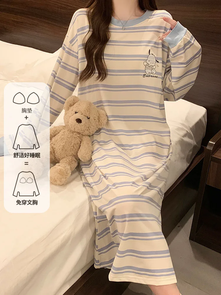 Stripe Pajamas Women Spring and Autumn Pure Cotton Cute Cartoon Long sleeve Nightdress With Chest Pad 2024 New Winter Homewear