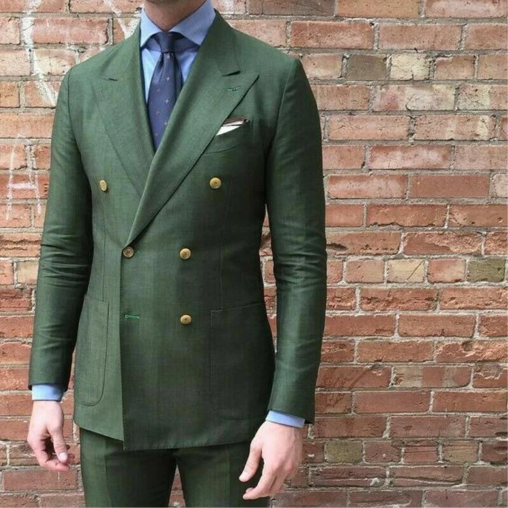 Gentleman Business Wedding Tuxedo Casual Slim Fit 2 Piece Green Peak Lapel Double Breasted Male Suit Set 2023