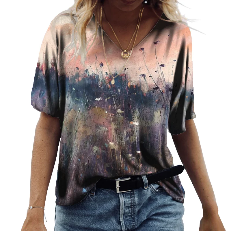 

Landscape Pattern Printed TShirt Vintage Casual Loose Cotton T-Shirt 2022 Summer New Short Sleeve Harajuku Floral Tops Lady Tee