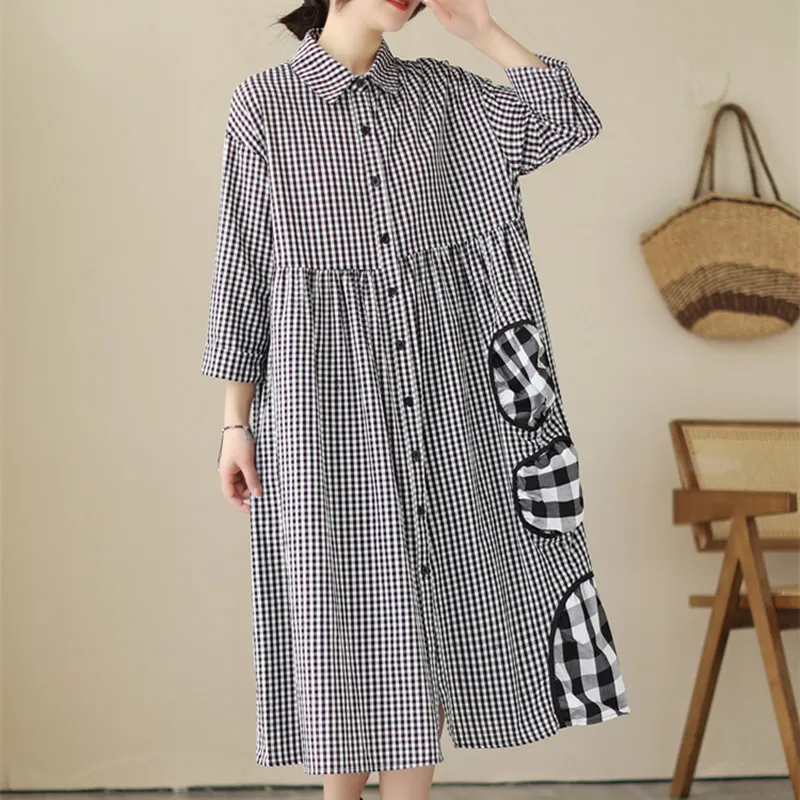 

2023 New Arrival Print Plaid Patchwork Long Sleeve Loose Summer Blouse Dress Fashion Women Casual Autumn Midi Dress