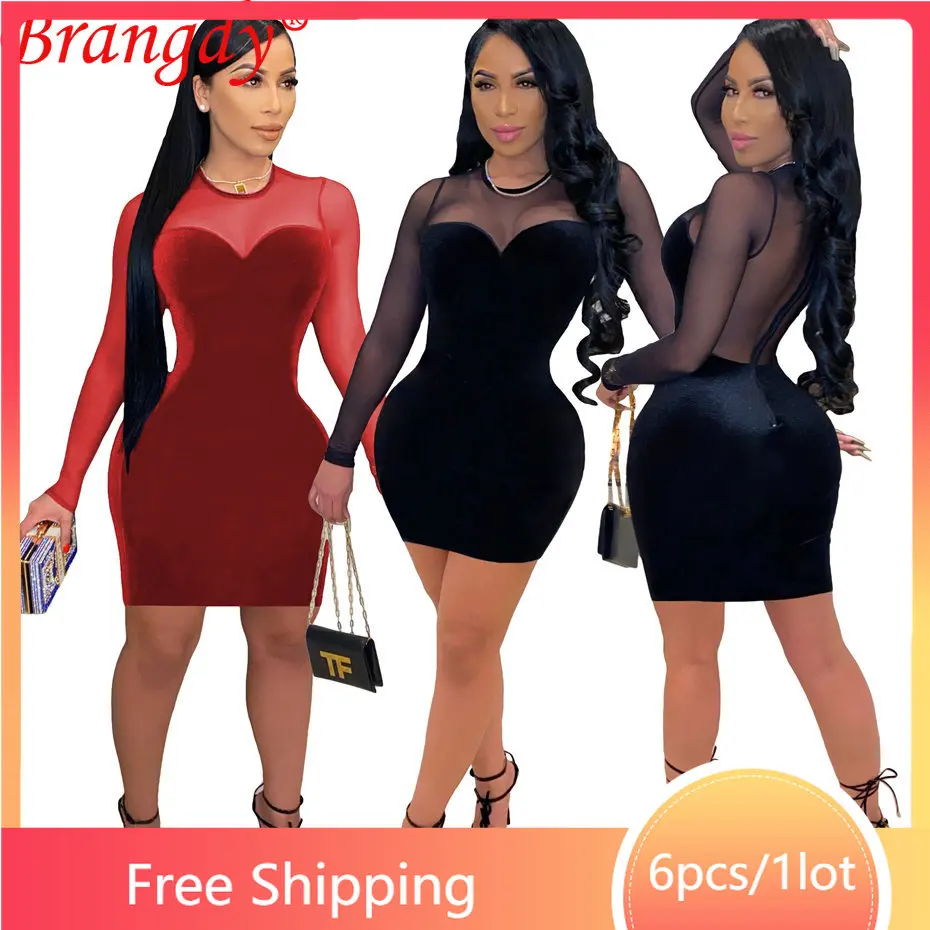 

6 шт. большие партии, оптовая продажа, корейское бархатное платье для женщин, сексуальное Сетчатое мини-платье для вечевечерние НКИ, Клубная ...