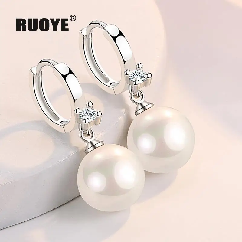 

925 Sterling Silver New Women Fashion Jewelry Classic High Quality 12mm Pearl Crystal Earring