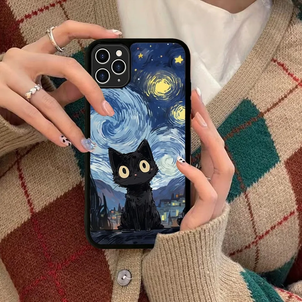 Artistic Black Cat Starry Night Silicone PC+TPU For IPhone 11 12 13 14 15 16 Plus Pro Max Cover