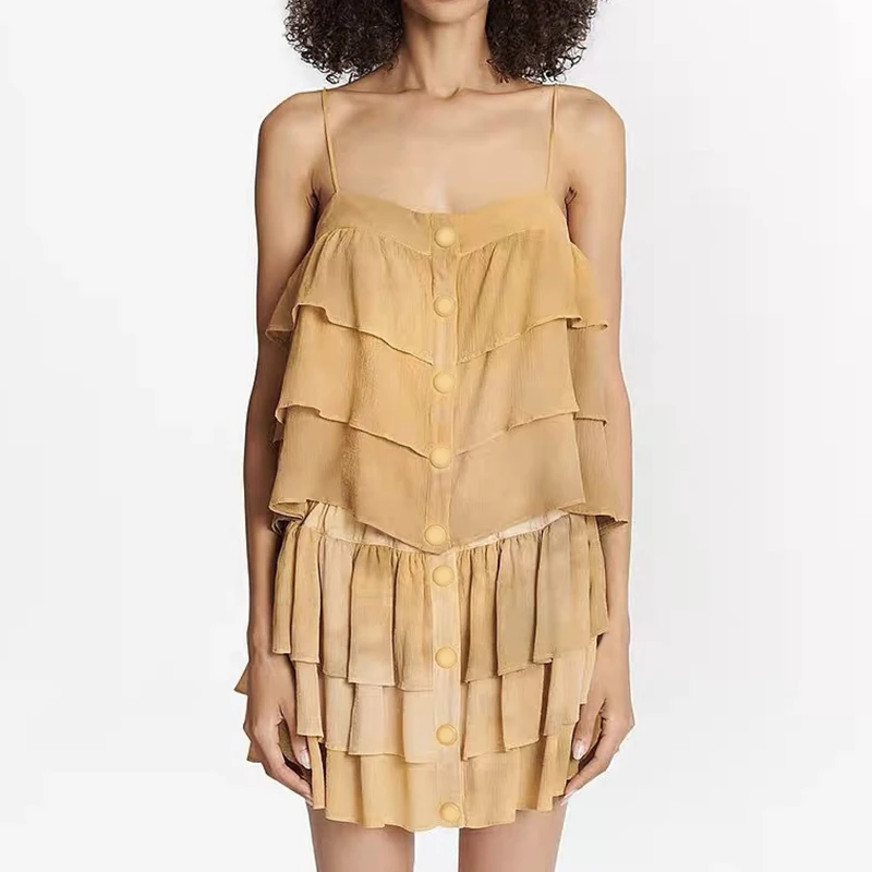 

23 SS Runway High End 2 Piece Sets Women Elegant Sleeveless Off Shoulder Ruffled Small Halter Top+Skirts Fashionable Retro Suit