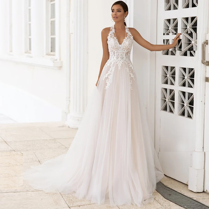 

TIXLEAR Fairy Halter Neck A-Line Beading Tulle Floor Length Wedding Dress Sleeveless Lace Applique Open Back Bride Gown 2022