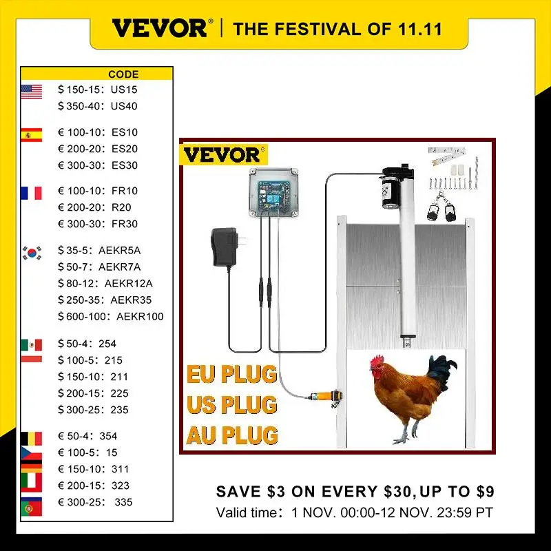 

VEVOR Timing Control Chicken House Automatic Door Opener Kits US/AU/EU Plug Opening Farm 110-220V Chicken Pets Dog Door Opener