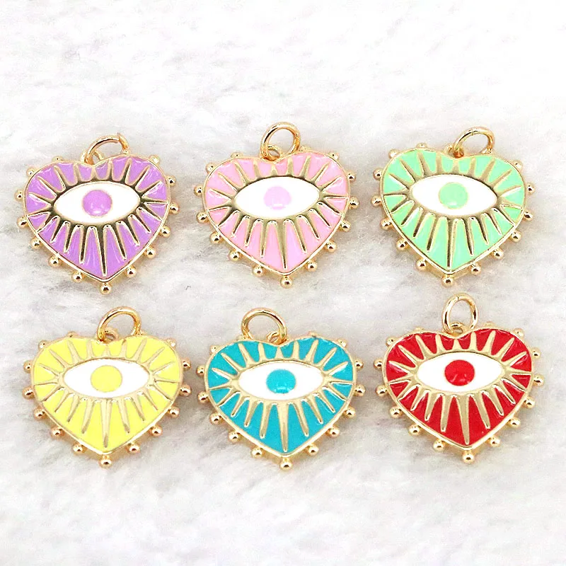 

10Pcs Gold Plated Heart Shaped Eye Pendant, Colorful Eye Charm, for DIY Jewelry Making Supply