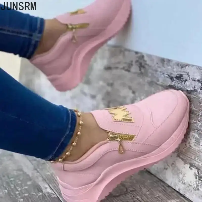 

Women Sport Shoes Thick Bottom Solid Ladies Vulcanized Sneakers Casual Wedges Slip on Zipper Shoes Women Platform Sneakers