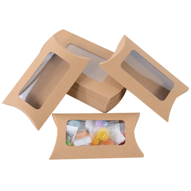 

10/20pcs/lot Christmas Gift Box Kraft Paper Pillow Box with Window Transparent Wedding Birthday Party Candy Favor Box Packaging