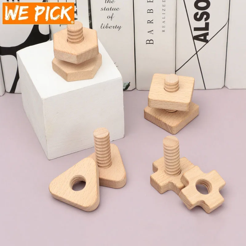 

Beech Baby Toys Screw Nut Wooden Building Block Early Education Geometry Shape Matching Toy Fine Motor Skill Blocks for Toddlers