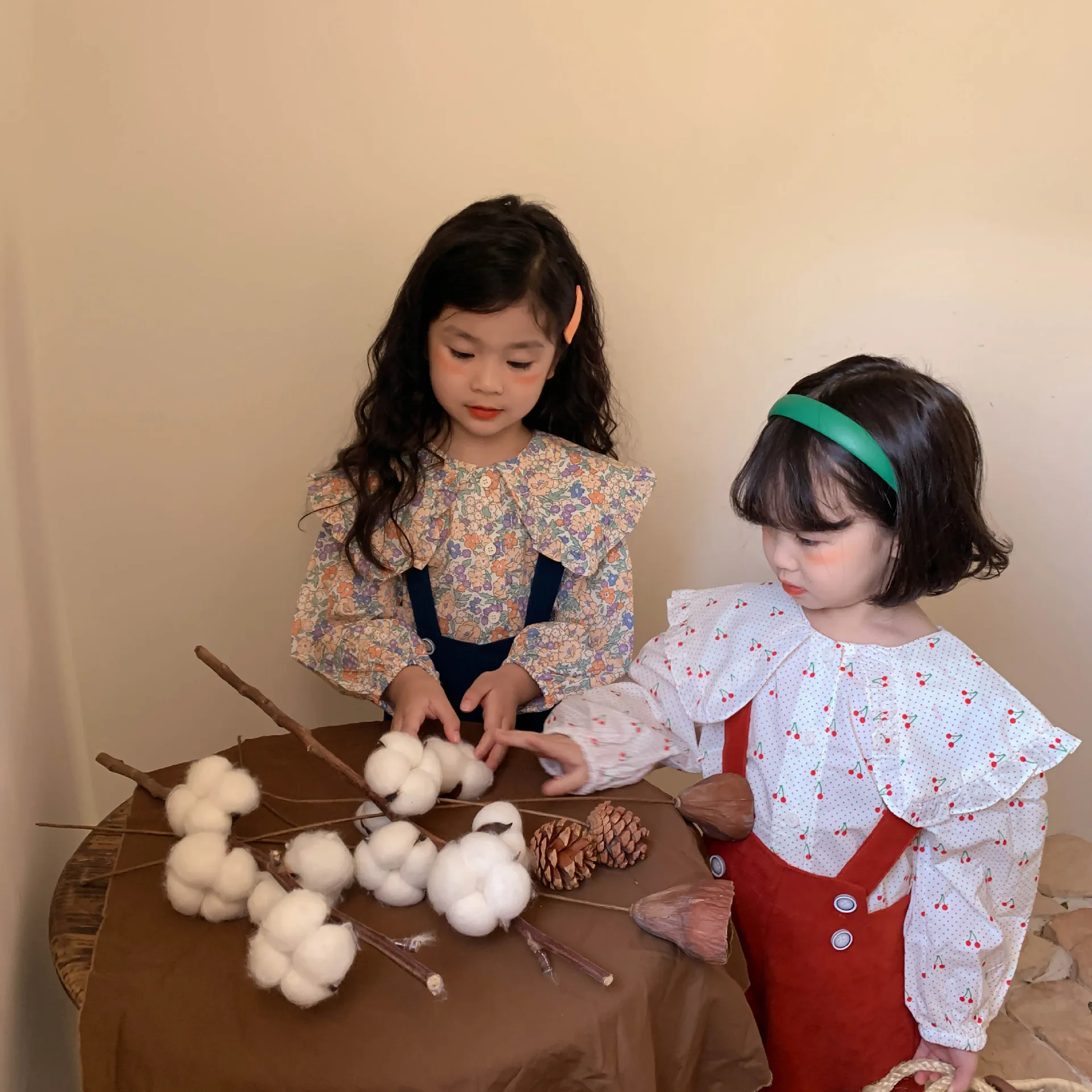 2022 Spring New Girls Large Lapel Shirts Children Long Sleeve Shirts Cute Cherry Print Blouse Baby Girls Cotton Bottoming Tops