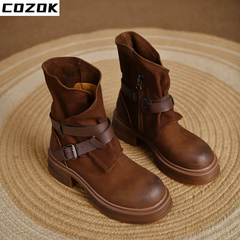 Hot Genuine Women Boots Winter Brogues Retro Round Toe Thick Heel Ankle Boots Fashion Flock Women Shoes Chelsea Boots Faux Suede