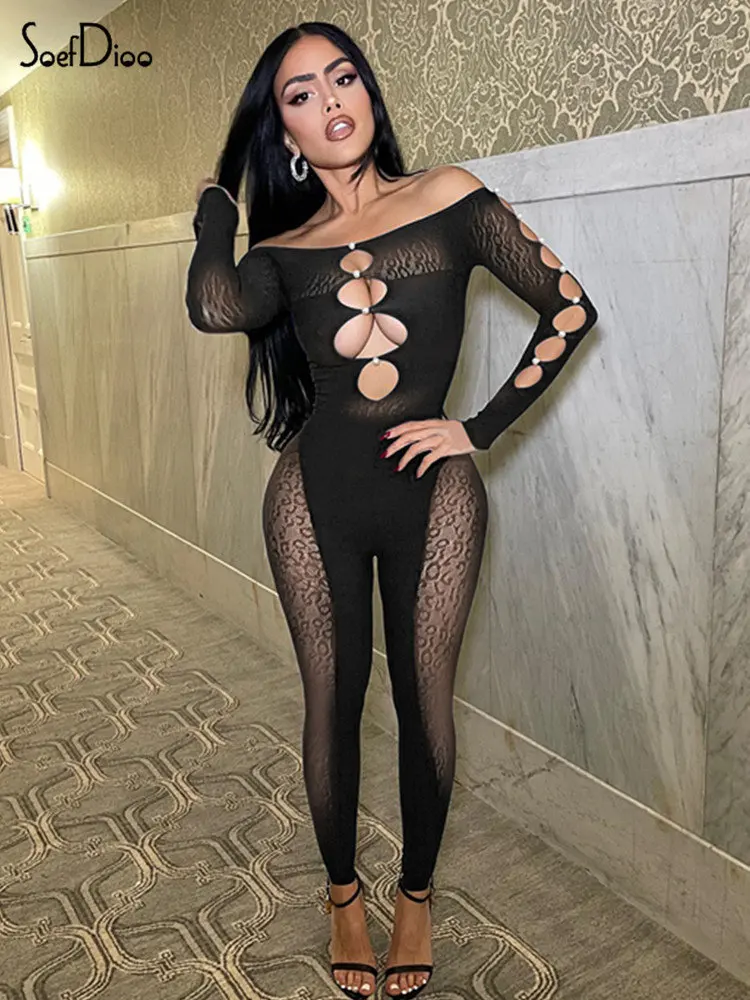 

Soefdioo Sexy Hollow Out Jumpsuit Women One Piece Outfits 2022 New Off Shoulder Long Sleeve Bodycon Rompers Nightclub Outfits
