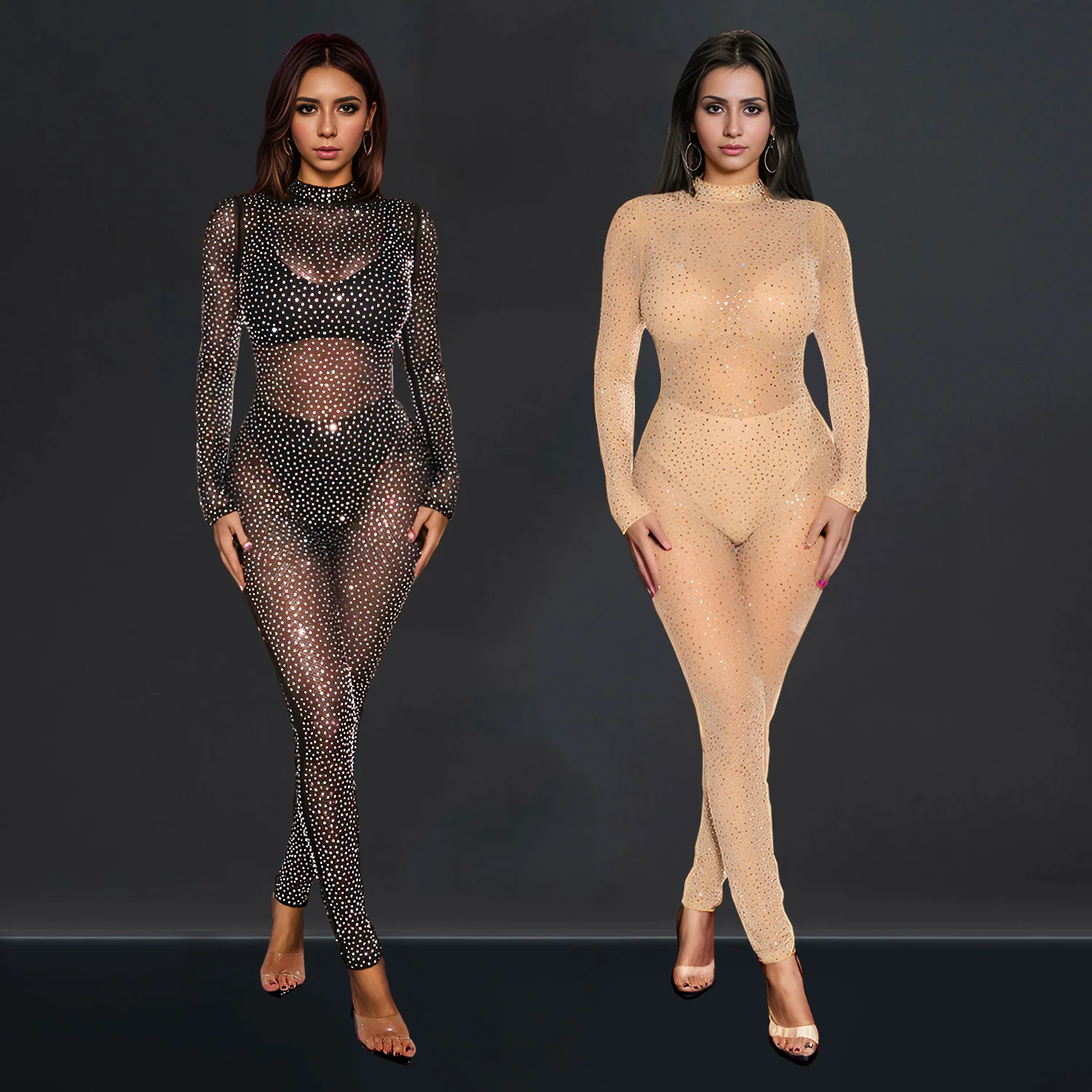 Сексуальный перспективный длинный комбинезон однотонный облегающий с круглым