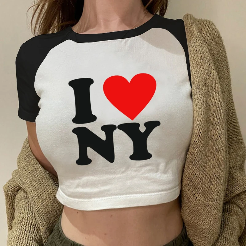

Футболка I Love NY, модная уличная одежда в стиле Харадзюку, женские кроп-топы с буквенным принтом, короткая футболка в американском ретро-стиле с рукавами реглан и круглым вырезом