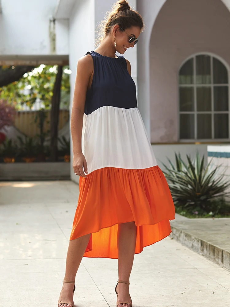 

Женское Повседневное платье на бретелях, Длинное свободное платье со складками, праздничное пляжное платье без рукавов, асимметричные плат...