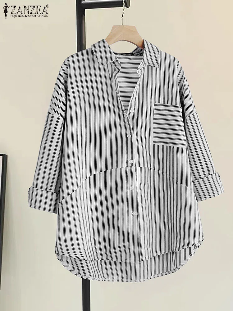 

ZANZEA Leisure High Low Shirts Striped Spliced Chemise Pocket Long Sleeve Blouse Casual Lapel 2023 Fashion Women Button Up Tops