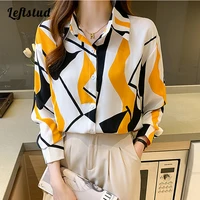 geometric striped print high street chiffon womens blouse shirt 2022 autumn long sleeve korean fashion female loose blouses top