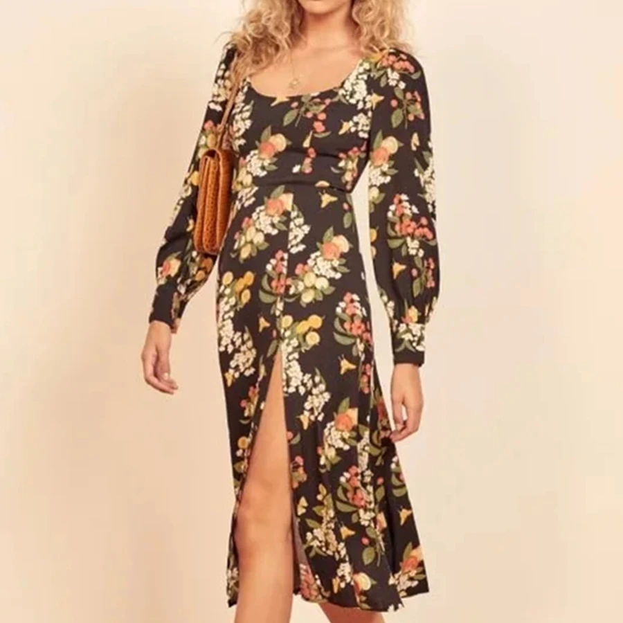 

Jenny&Dave 2022 France Style Sexy Forking Beach Holiday Summer Dress Vintage Indie Folk Floral Print Square Collar Midi Dress