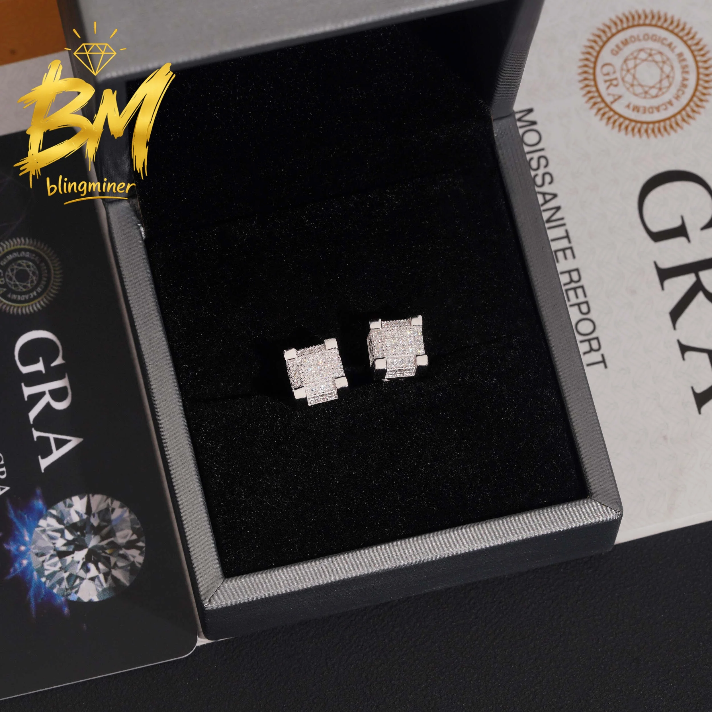 Фото Серьги-гвоздики Blingminer Iced Out Square 8MM из серебра S925 с муассанитом VVS для мужчин и женщин, ювелирные изделия, проходят проверку на подлинность бриллиантов, сертификат GRA. №5