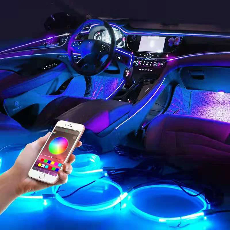 

Светодиодсветодиодный подсветка для салона автомобиля, декоративная неоновая RGB лента с несколькими режимами и управлением звуком, 12 В
