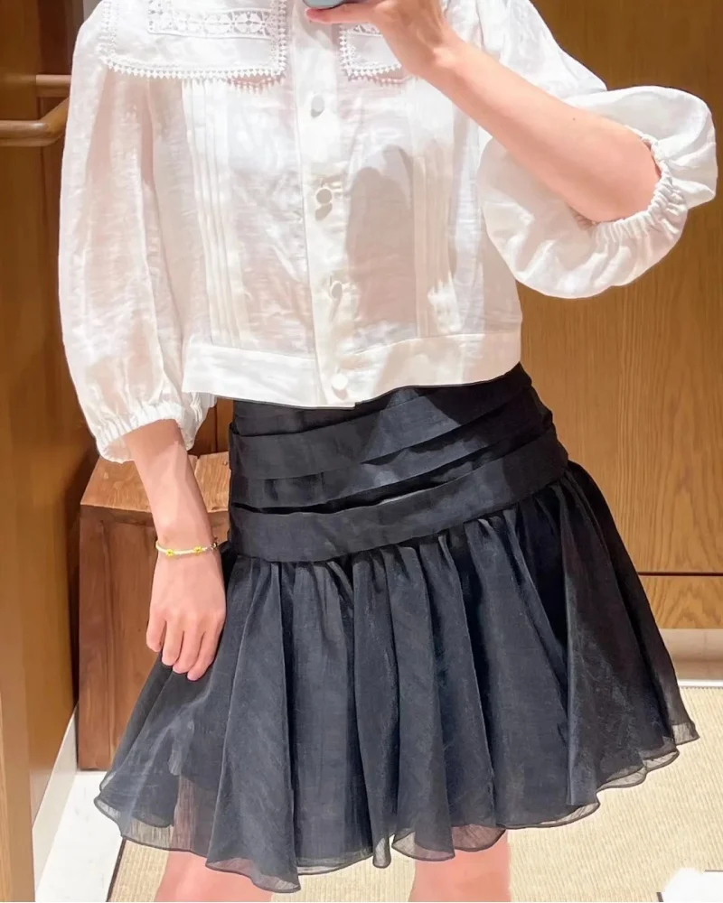 

Women Ruffles Stitching Solid Color High Waist A-Line Sweet 2023 Mini Skirt