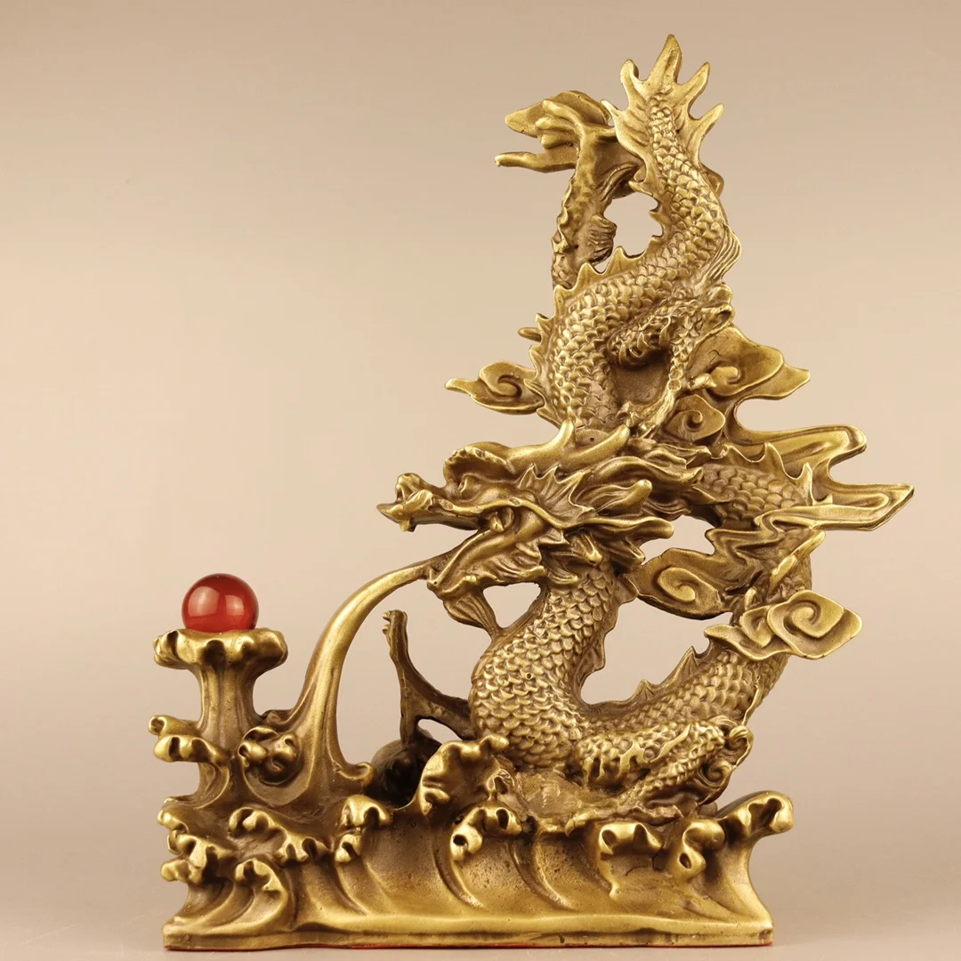 

11"Tibet Temple Collection Old Brass Chinese Dragon Two Dragons Play bead statue Amass wealth Ornaments Town house Exorcism