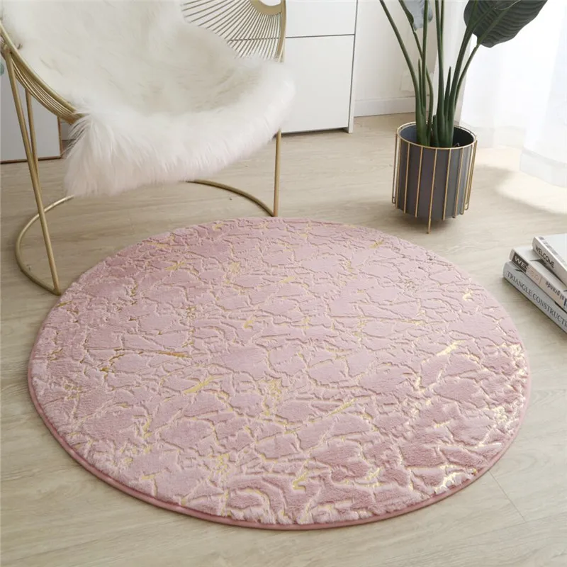 

Faux Fur Rug Pink Round Soft Fluffy Rabbit Fur Carpet For Living Room With Gold Marble Texture Children Carpet Bath Mat