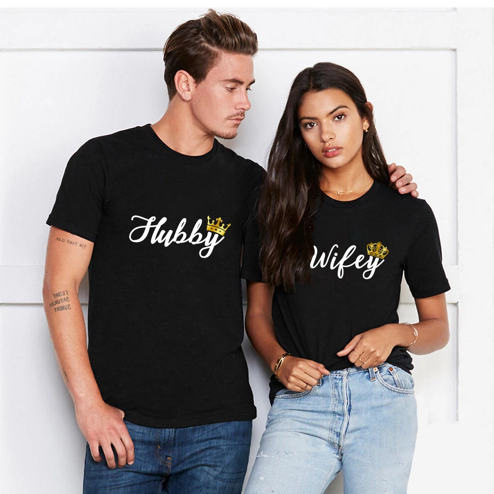 

Couples T-Shirt Hubby Wifey Print Summer Casual O-Neck Lovers Top Women Clothes Short Sleeve Cotton Tee Shirt