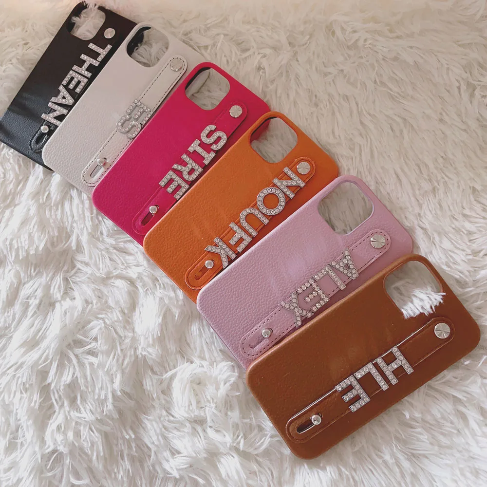 

Luxury Personalized Customized Flash Diamond Letter Charm Leather Case For IPhone 14 13 12 11 Pro Max Mini Xs Max DIY Name Cover