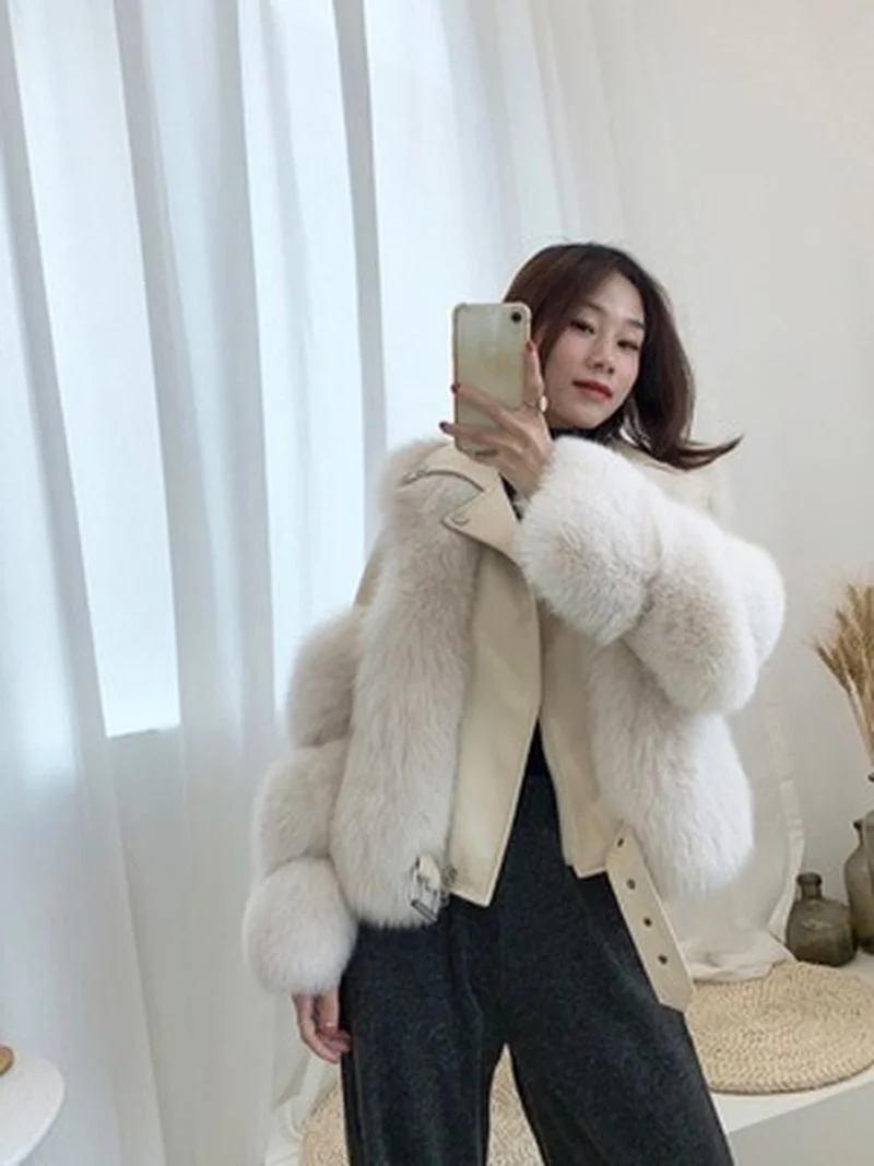 2022 winter new Fashionable warm short fox fur coat and sheepskin leather full fox fur motorcycle jacket luxury women's