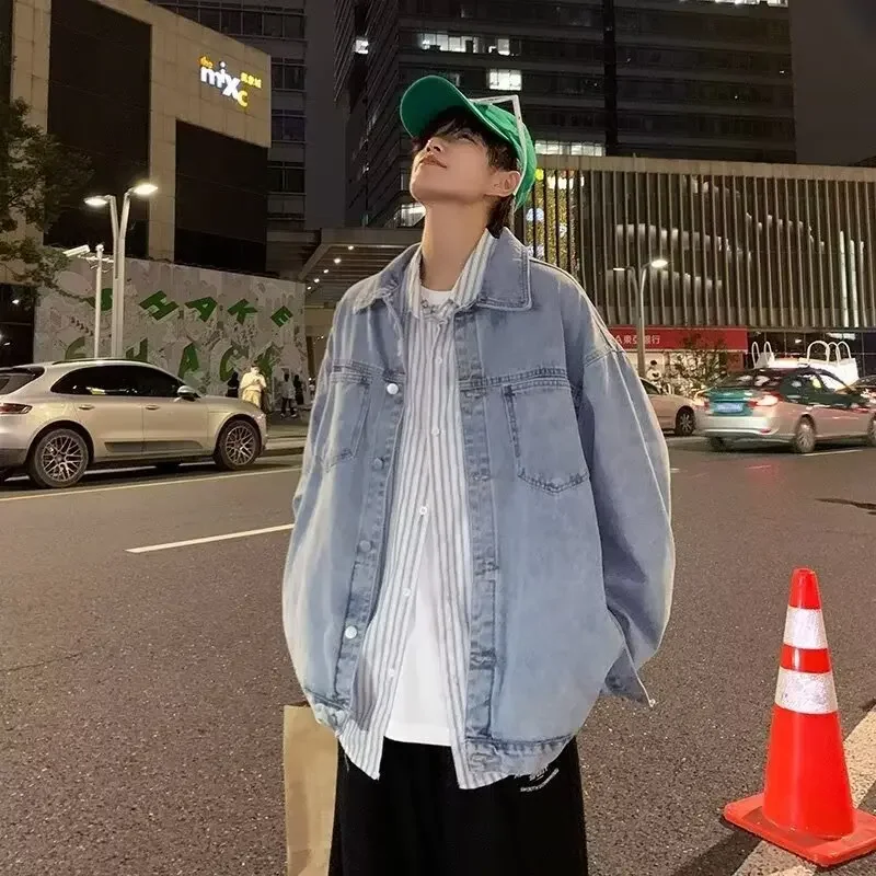 Модная джинсовая повседневная мужская куртка свободного покроя с длинным