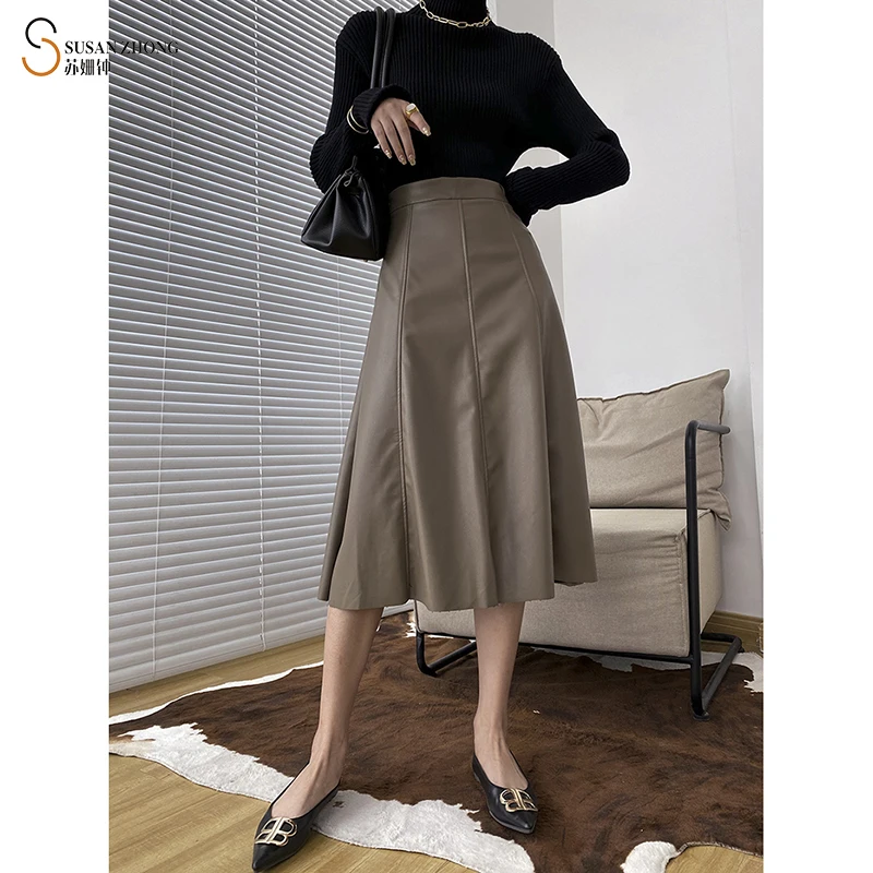 

Fashion Luxury 2022 Spring Korean Elegant Maxi Zipper Midi Black PU Leather Skirt Womens Skirts
