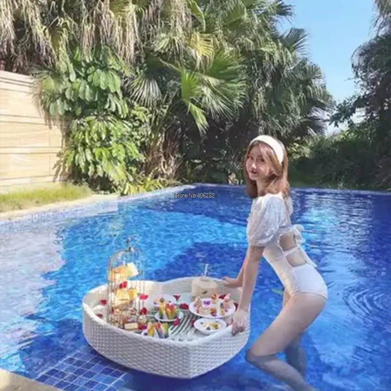 Балийский поднос из ротанга плавающий для бассейна завтрака послеобеденный чай