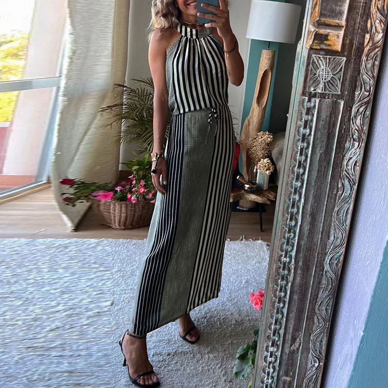 

Women Elegant Off Shoulder Bohe Dress 2023 Vintage Striped Printed Waisted Long Dress Summer Sexy Sleeveless Lace-up Party Dress